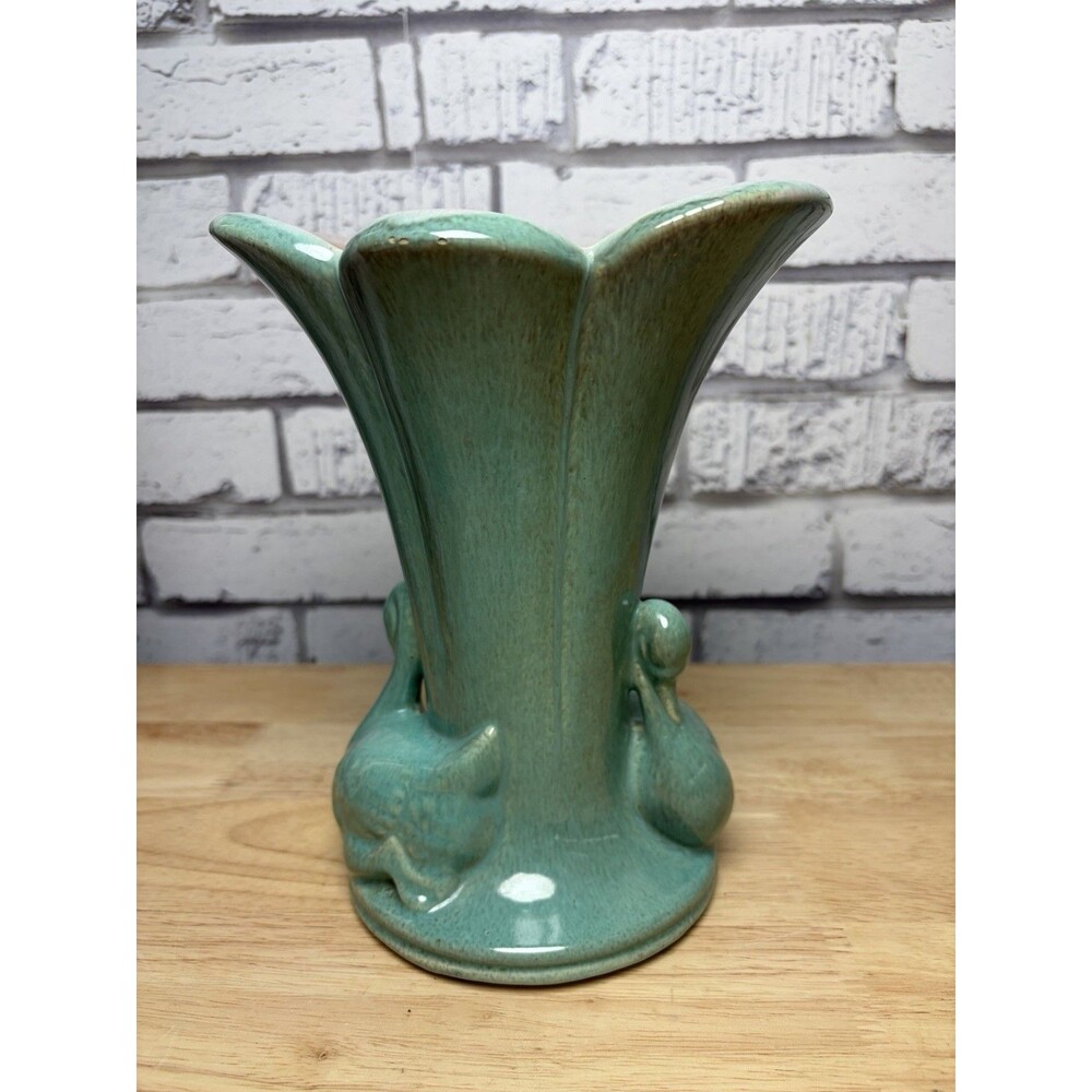 Gonder Double Swan Pottery Vase # H-47 Green Brown Pink Excellent
